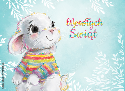 Banner świąteczny, kartka wielkanocna z uroczym, kolorowym króliczkiem w sweterku z napisem w języku polskim. Grafika wielkanocna. 