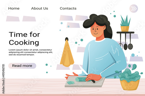Time for cooking vector landing page template. Smiling female character cutting vegetables. Cartoon illustration.