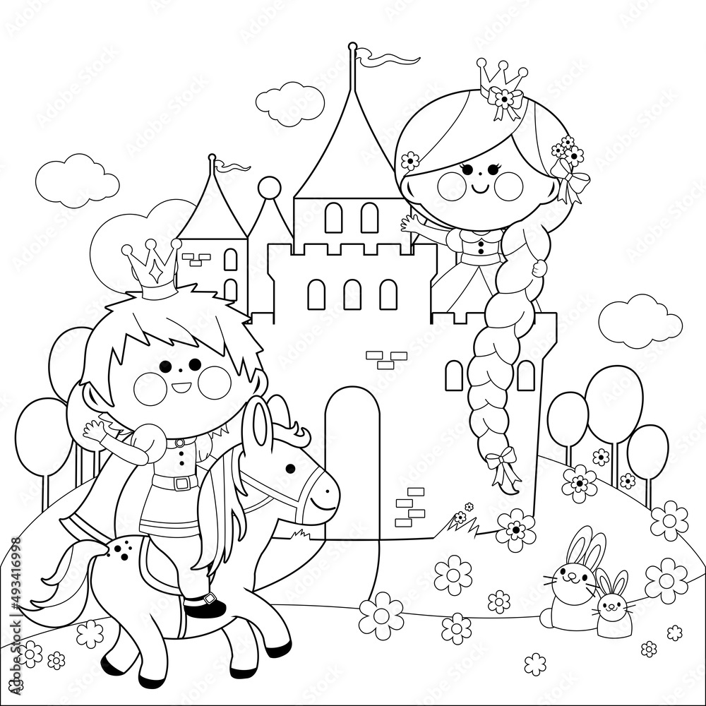 Rapunzel fairy tale princess at the castle and prince riding a horse. Vector black and white coloring page Rapunzel fairy tale princess at the castle and prince riding a horse. Vector black and white coloring page