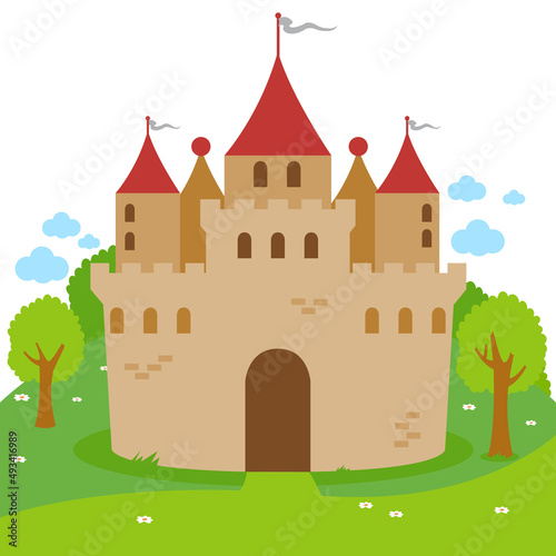 Castle in a beautiful landscape with trees. Vector illustration © stockakia