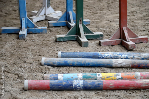 Show jumping poles obstacles, barriers, waiting for riders