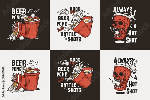 Beer pong game prints, craft beer mug with foam and skull or skeleton