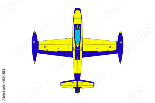 Avión de combate de colores azul y amarillo