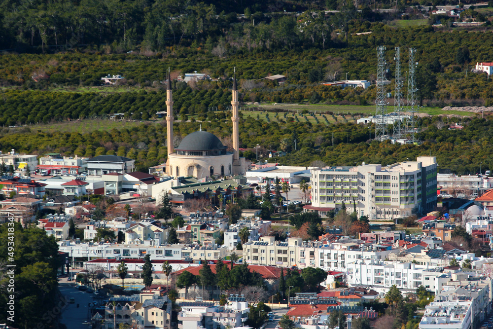 Aerial view of Kemer, Antalya Province in southwestern Turkey. Kemer is a popular resort town in Turkish Mediterranean Riviera.