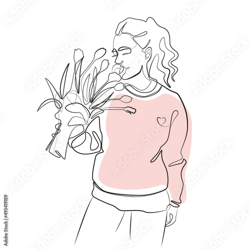 One Line Zeichnung einer Frau mit Blumen