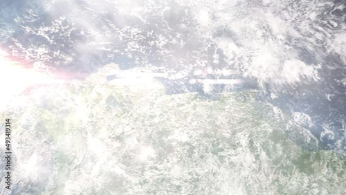 Earth zoom in from outer space to city. Zooming on Mariara, Carabobo, Venezuela. The animation continues by zoom out through clouds and atmosphere into space. Images from NASA photo