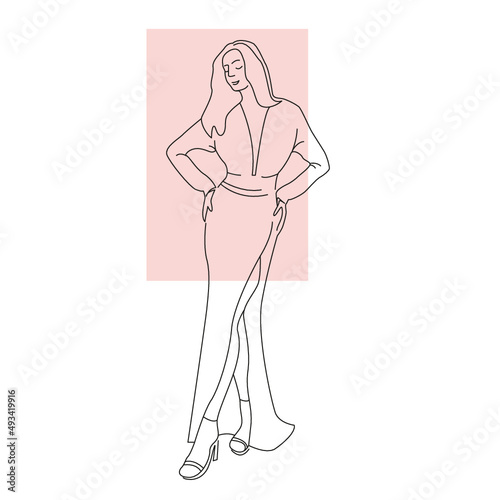 One Line Zeichnung elegante Frau im Kleid