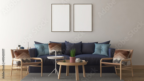 Mockup frame in scandinavian interior with blue sofa and pillows. 3d rendering. 3d illustration.