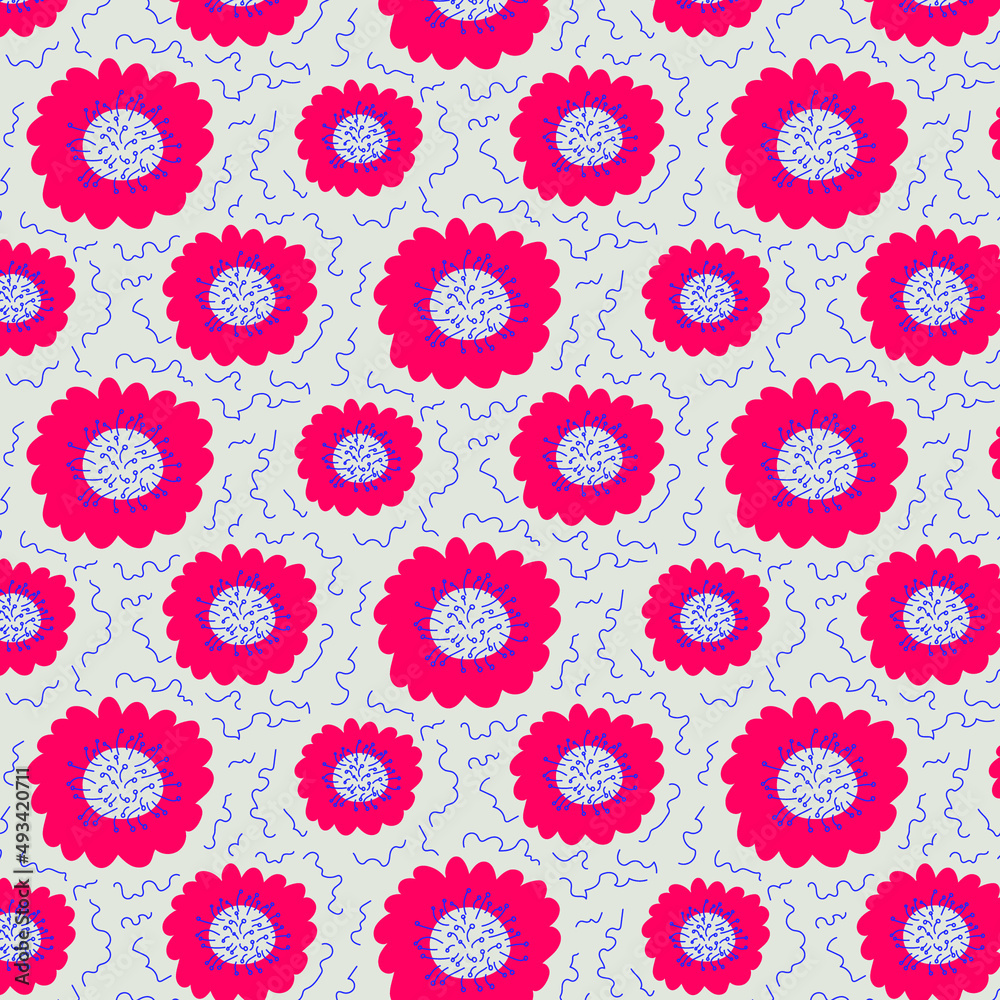 Bright floral pattern. Texture in doodle style. Pink, blue, gray and purple. Print for printing and decoration.