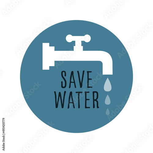 Save water badge, vector illustration with faucet and drops.