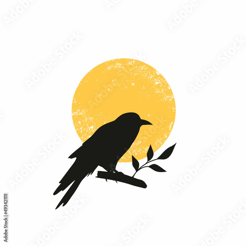 Silhouette of raven with sunset. vector illustration. Scandinavian poster design