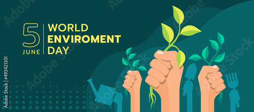 world environment day - hands holding a tree sapling to be planted on dark green background vector design