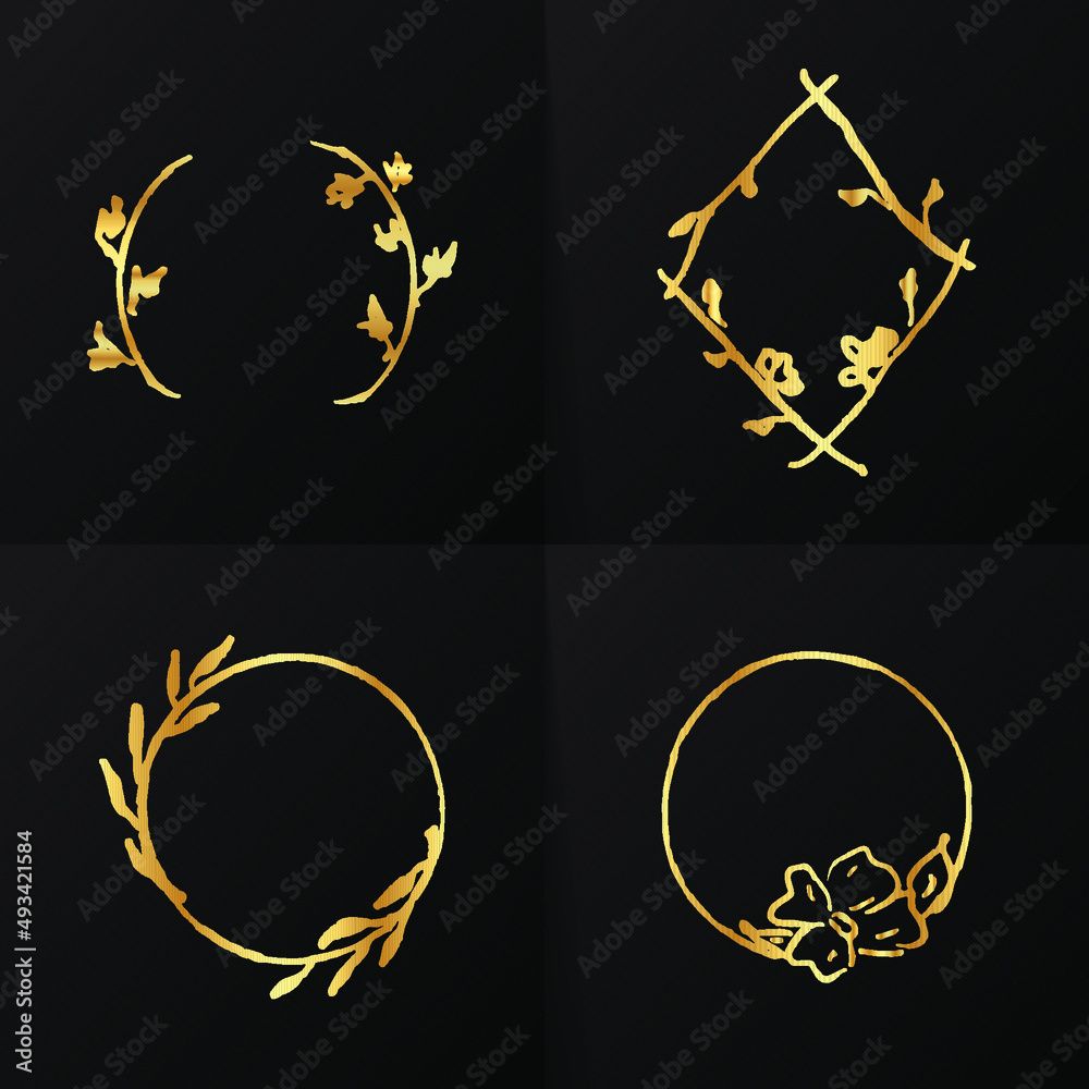 Golden Light Frames set Isolated On Black. Set frames with leaves and flowers Golden Light Frames set Isolated On Black. Set frames with leaves and flowers