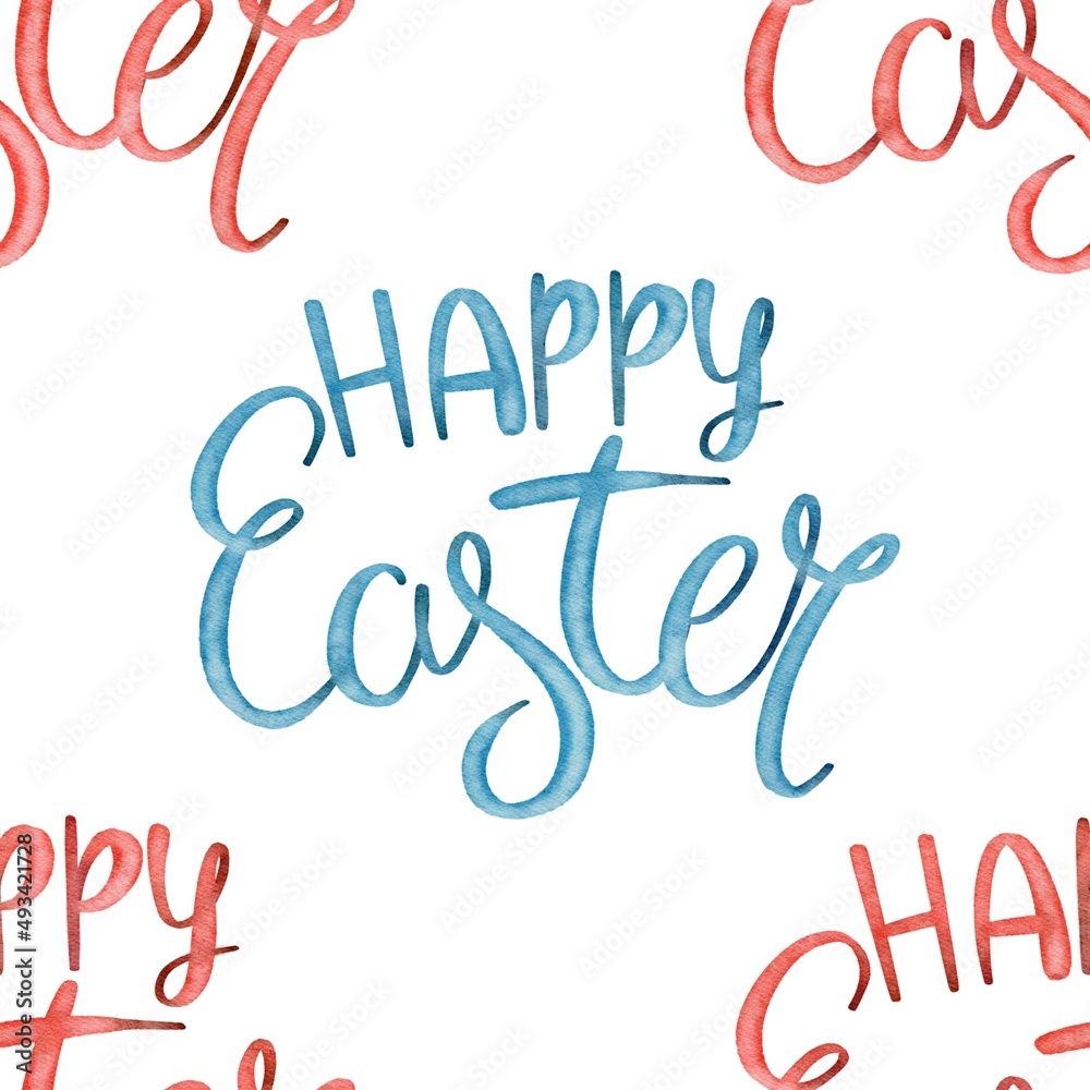 Hand Drawing Watercolor Easter seamless pattern isolated on white background. Happy Easter Lettering. Use for poster, card, fabric, textile, design, packaging