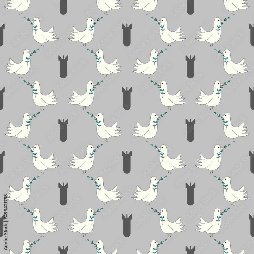 White dove of peace flying with branch. Seamless pattern on grey background Line art. Vector illustration for Earth Day and World Environment Day. White dove of peace flying with branch. Seamless pattern on grey background Line art. Vector illustration for Earth Day and World Environment Day.
