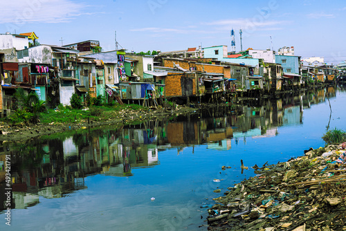 Summer village river houses landscape. City river pier landscapes
