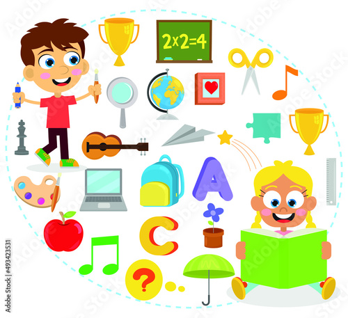 Cute kids and school objects