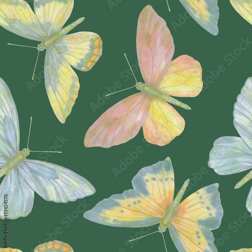 Vintage hand drawn colorful seamless pattern with beautiful pastel watercolor butterflies on vibrant background. Watercolor butterfly seamless pattern hand drawn texture © Sergei