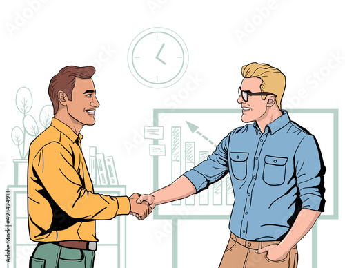 Handshake of two businessmen on the background of modern office, partnership concept, Shaking hands to seal a deal. Business deal contract agreement