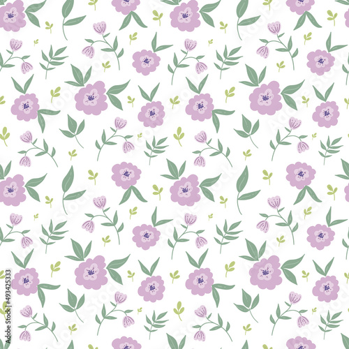 Fototapeta Naklejka Na Ścianę i Meble -  Floral seamless pattern with purple daisy flower and leaves on white background vector illustration.