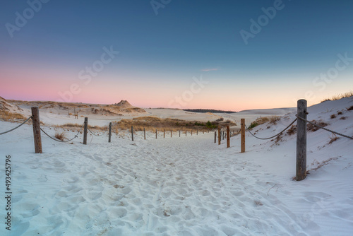 Beautiful scenery of sand dunes in the Slowinski National Park at sunset, Leba. Poland