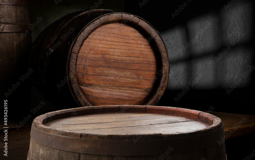 Fototapeta premium background of barrel and worn old table of wood