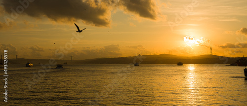 Istanbul at sunrise in the morning. The sky reflected in the Bosphorus. photo