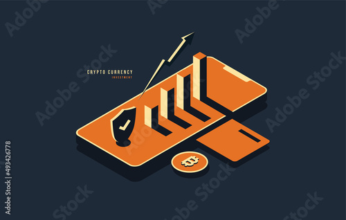 Minimal crypto currency isometric design, Block chain technology concept, Digtital advertising and marketing for future money investment