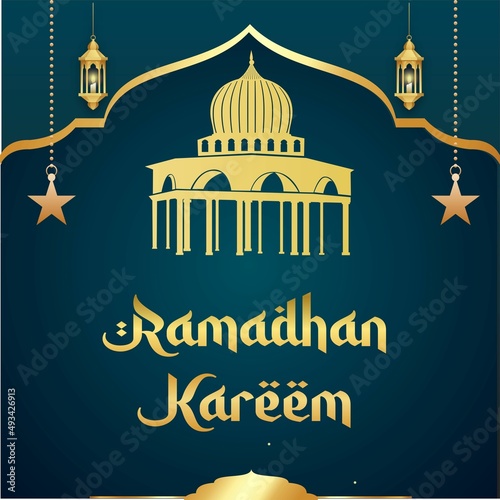 Illustration of Ramadan Kareem with stars, lanterns and mosque with abstract background. for the purposes of posters, billboards, web or greetings on social media sites.