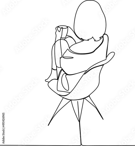 Continuous one line drawing tea time. Relaxed beautiful girl sitting in modern chair, enjoying hot coffee in front of window, side view, free space. Single line draw design vector graphic illustration