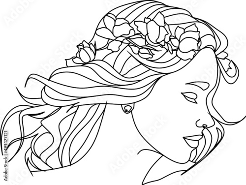 Abstract face with flowers by one line vector drawing. Portrait minimalistic style. Botanical print. Nature symbol of cosmetics. Modern continuous line art. Fashion print. Beaty salon logo.