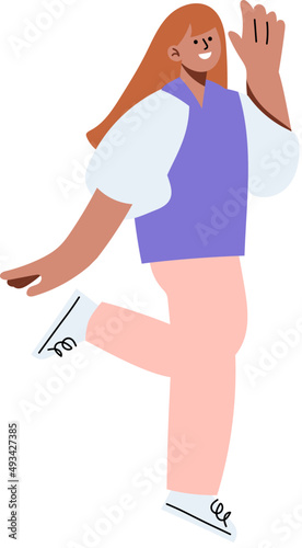 Cute long hair girl illustration. Female character in jumping posture.