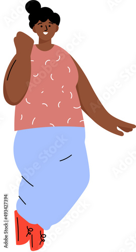Cute black hair girl illustration. Female character in jumping posture.