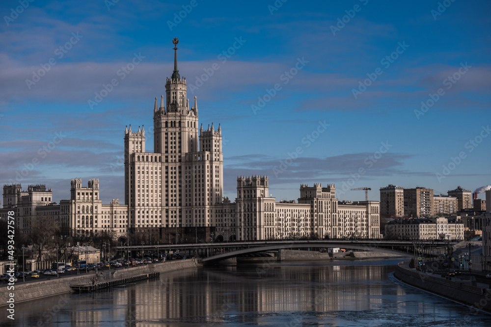 Moscow. Russia. Seven sisters. High-rise building on a background of blue sky. Moscow skyline.