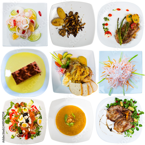 Collage of various breakfast and dinner foods on a white background, nobody