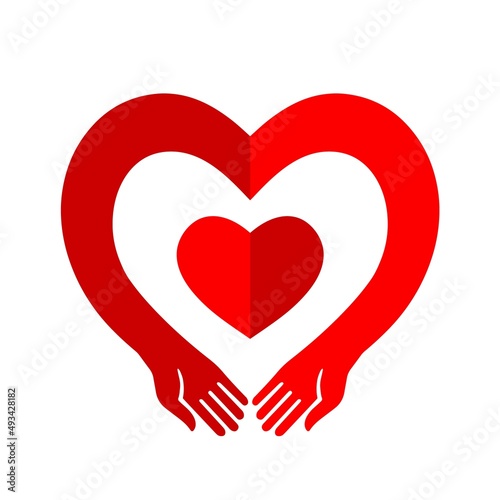 Human hugs in heart shape, hugging hands support and love symbol hugged arms girth silhouette unity and warmth feeling, flat vector illustration, logo template.