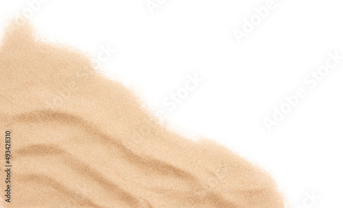 Closeup of sand of a beach or a desert on white. Summer background with copy space for text