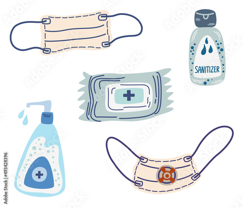 Disinfection items. Protection items sanitizer, wipes, mask, respirator, spray, soap. Personal protection from infection. Vector cartoon illustrations set.