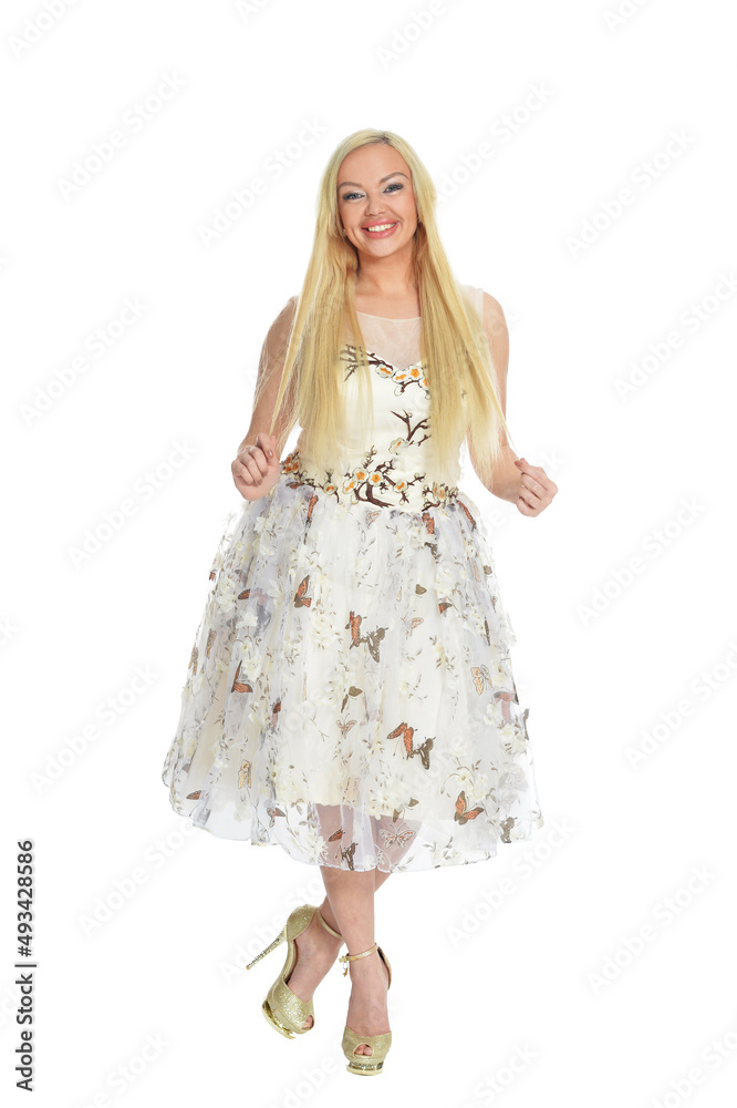 Naklejka premium Portrait of beautiful woman in dress posing isolated