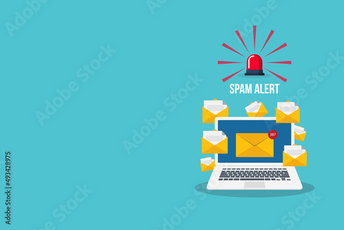 Spam. Spamming concept, a lot of emails on the screen of a smart phone. Email box hacking, spam warning. Vector illustration.	