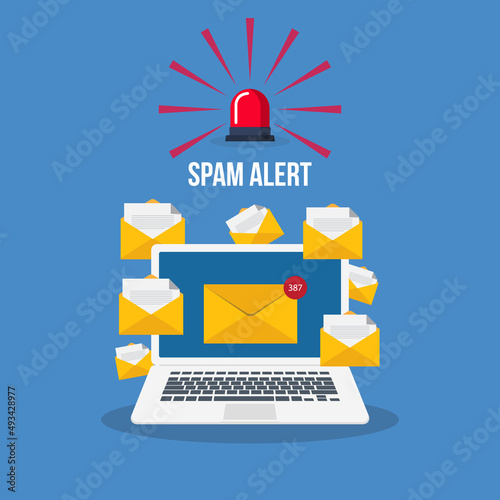 Spam. Spamming concept, a lot of emails on the screen of a smart phone. Email box hacking, spam warning. Vector illustration.	