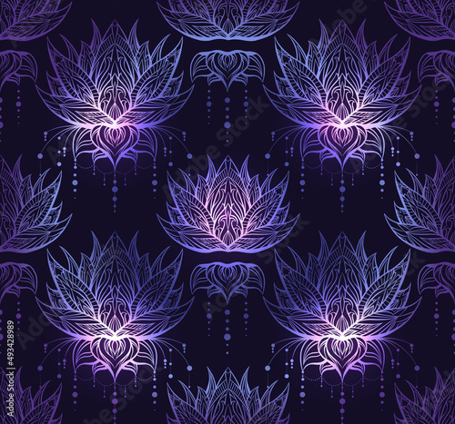 Vector seamless boho pattern with lotus with ornate decorations on dark violet background. Neon fabric swatch with water flower and tribal ornament.