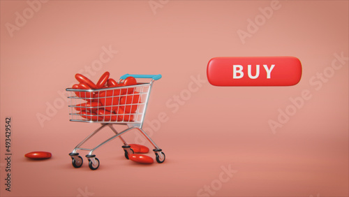 3d illustration of shopping cart full of hearts with button buy.