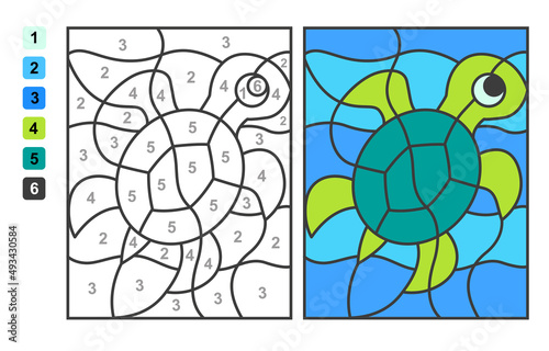 Color by numbers sea and ocean life. Puzzle game for children education, colors for drawing and learning mathematics