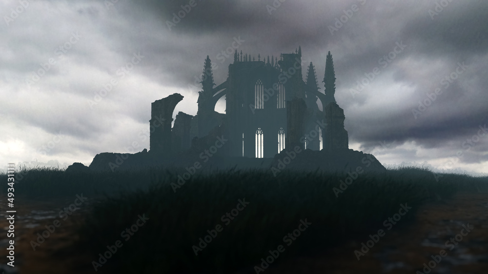 Obraz premium Ruin of an ancient church in misty countryside under a dark cloudy sky. 3D render.