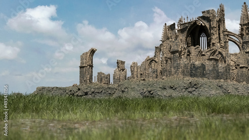 Ruin of an ancient cathedral in sunny countryside under blue cloudy sky. 3D render.
