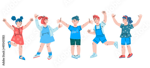 Group of happy smiling school children. School kids or kindergarteners stand raising their hands in joy, flat vector illustration isolated on white background.