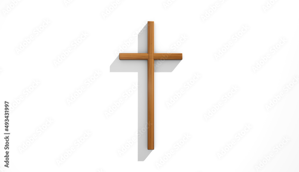 Wooden cross on a light background. 3d render illustration