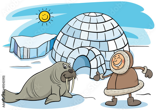 cartoon Eskimo or Lapp with igloo and walrus