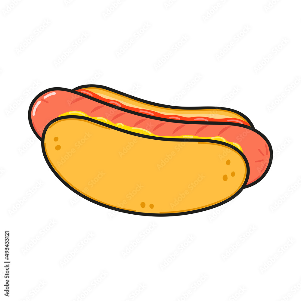 Cute funny hot dog character. Vector hand drawn cartoon kawaii character illustration icon. Isolated on white background. Hot dog character concept Cute funny hot dog character. Vector hand drawn cartoon kawaii character illustration icon. Isolated on white background. Hot dog character concept